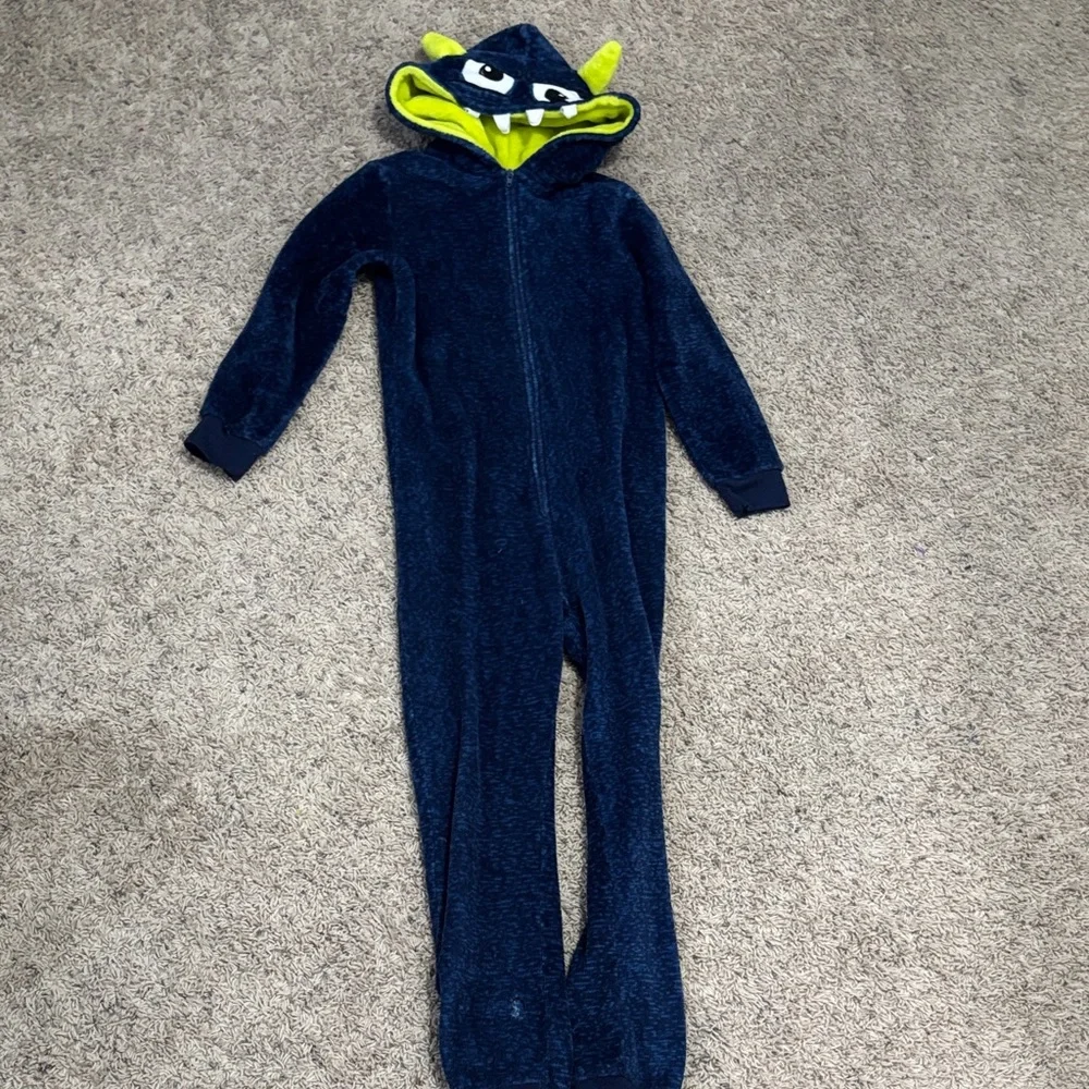 Kids Fuzzy Monster Hooded One Piece - Navy and Lime Onesie